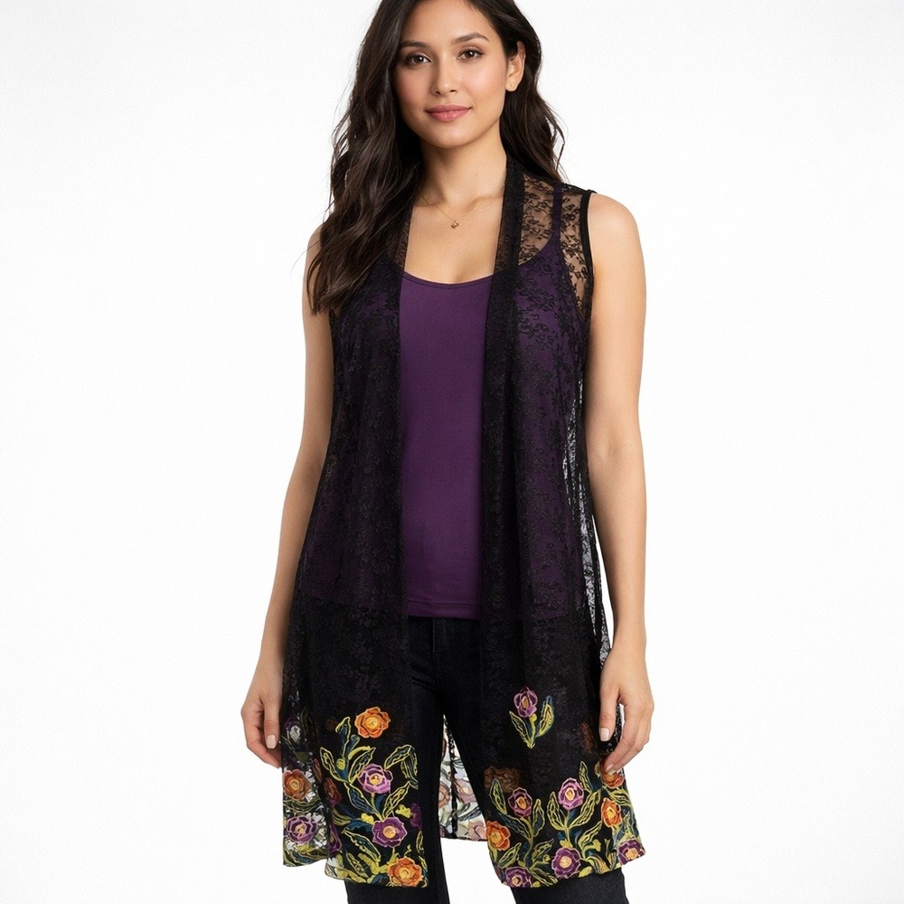 Susan Graver Black Lace Floral Embroidered Vest XXS‎ Boho Whimsigoth Open Front